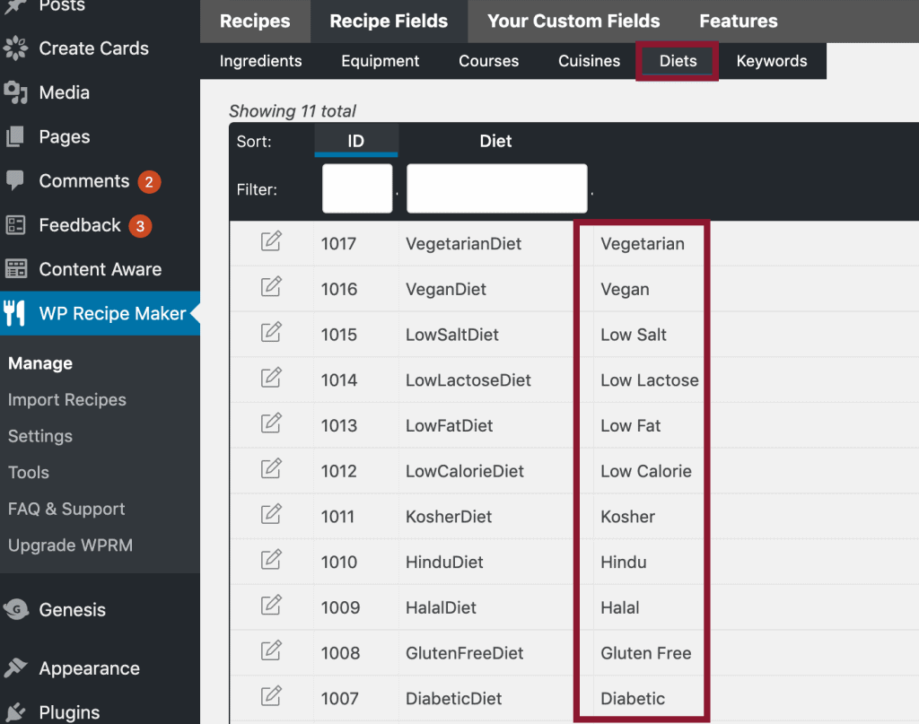 Screenshot of WP Recipe Maker the recipe card showing where diet metadata has been added in recipe fields