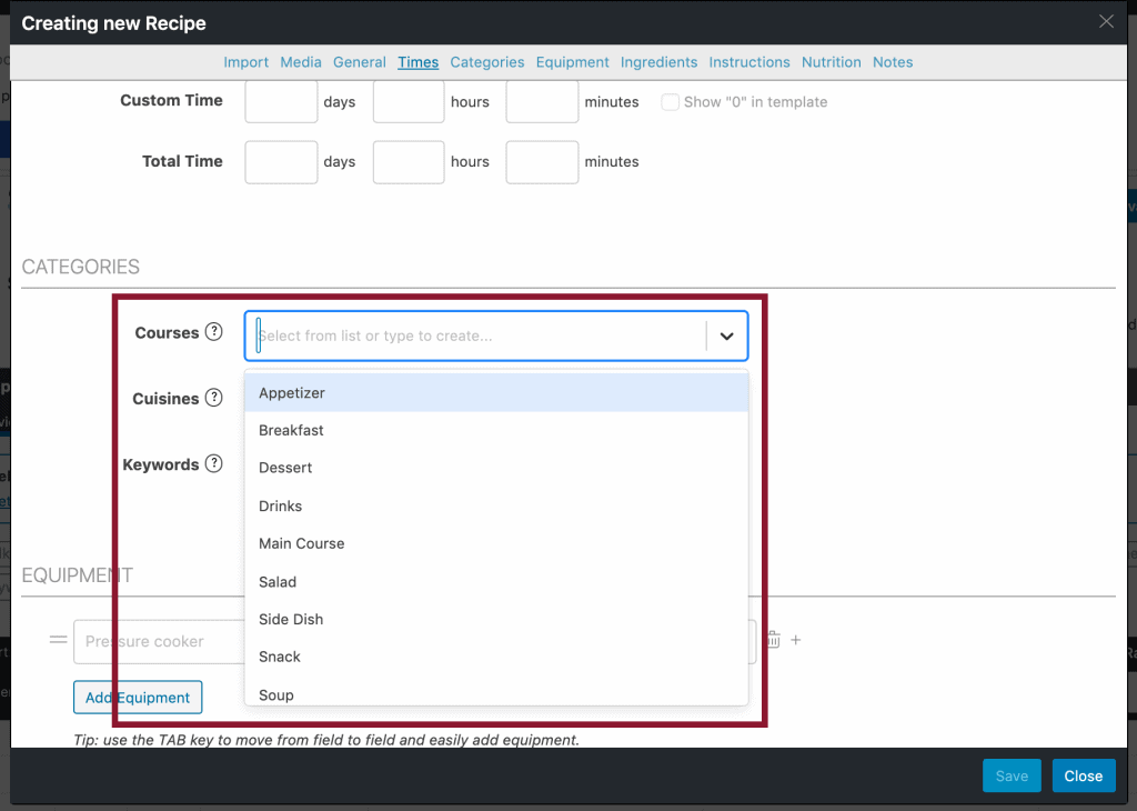 Screenshot of WP Recipe Maker showing the fields for course, cuisines and keywords.