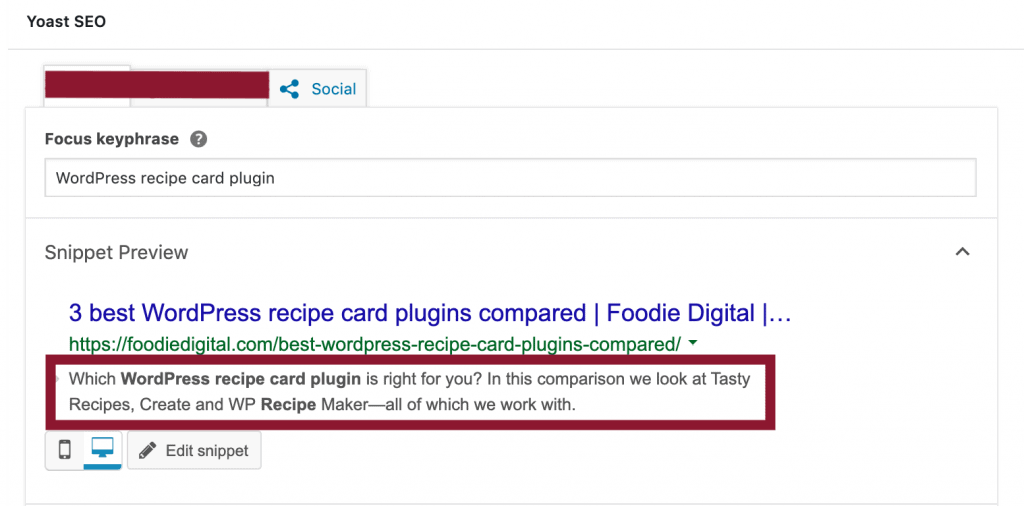 A screen capture of Yoast SEO in WordPress’ back-end demonstrating how to complete the meta description field for a food blog.