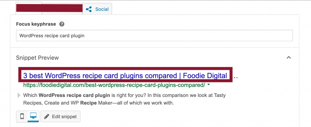A screen capture of Yoast SEO in WordPress’ back-end demonstrating how to complete SEO title field for a food blog.