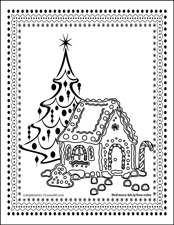 coloring page of gingerbread house and Christmas tree.