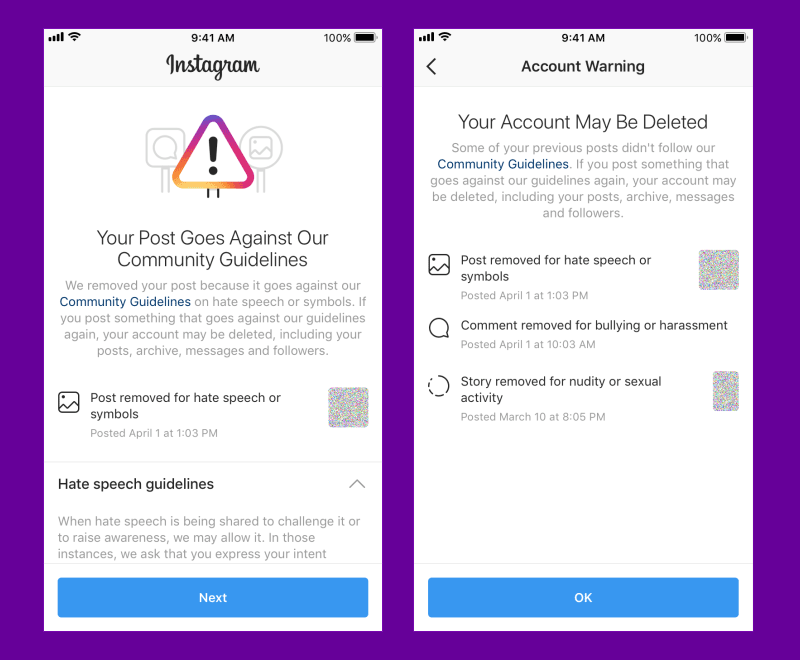 screenshots of Instagram Community Guidelines.