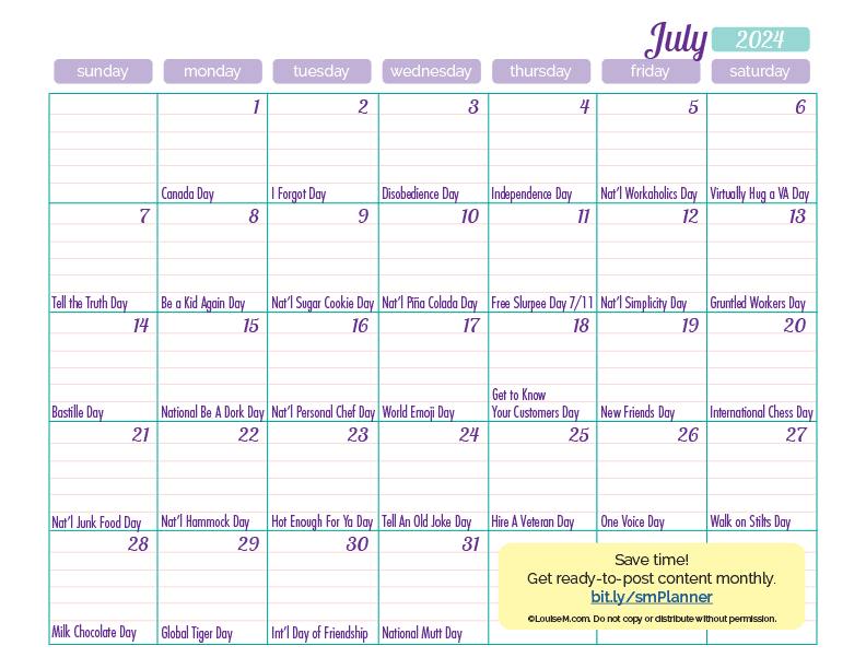 July 2024 calendar page with daily social media holiday marketing ideas.