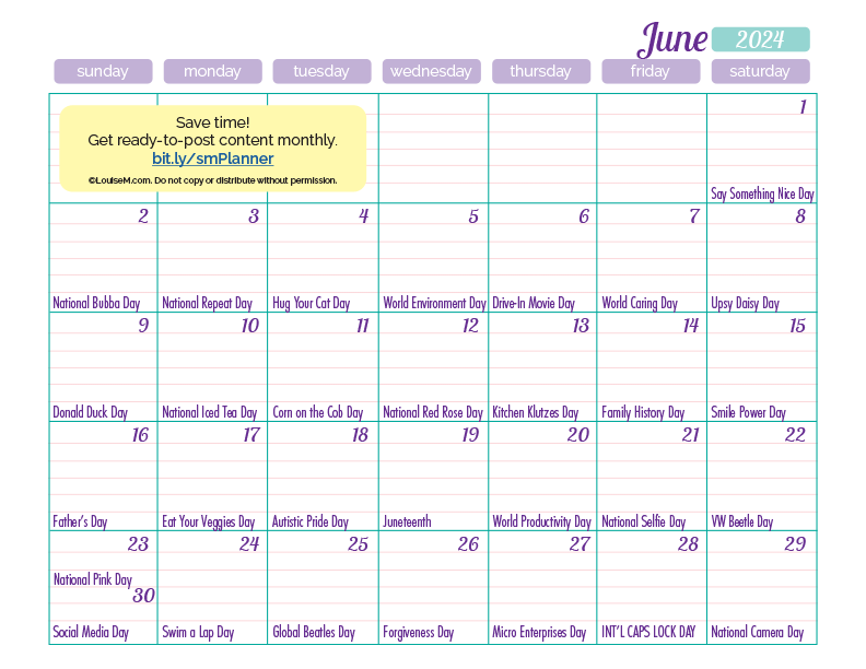 June calendar with holiday marketing ideas