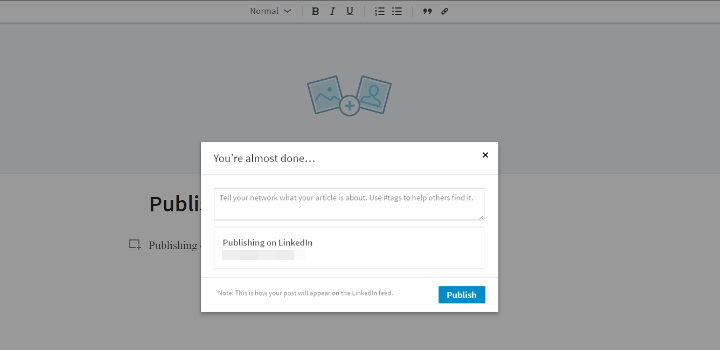 pop-up window for LinkedIn article hashtags