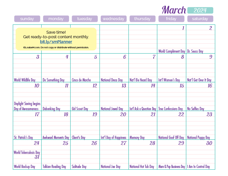 March 2024 holiday calendar with daily marketing ideas.