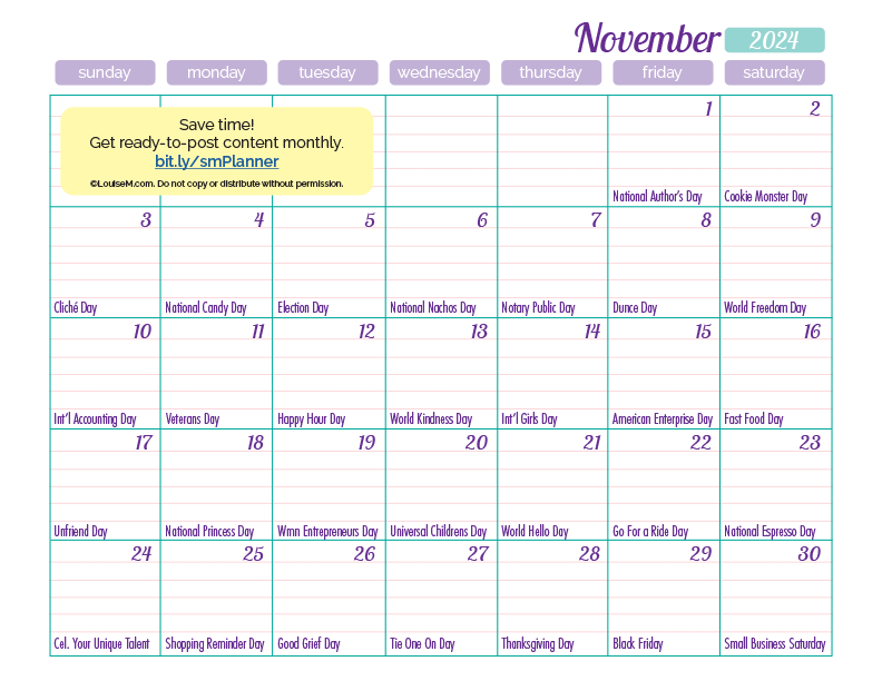 november 2024 calendar page with daily social media holiday marketing ideas.