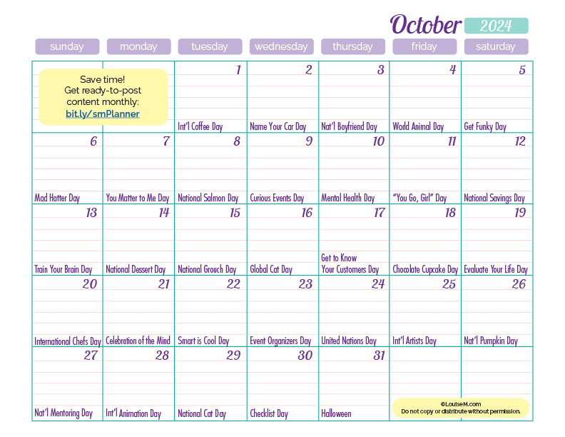 october 2024 calendar with daily holidays for content marketers.