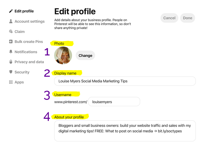 Fill out your Pinterest profile completely
