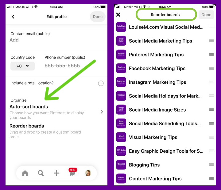 reorder pinterest boards on mobile