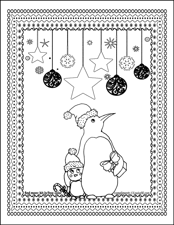 penguins coloring page with Christmas ornaments hanging from border.