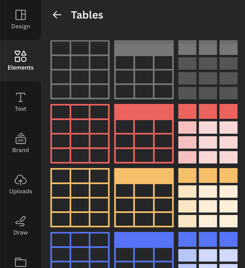 screenshot of of pre-made table designs in canva.