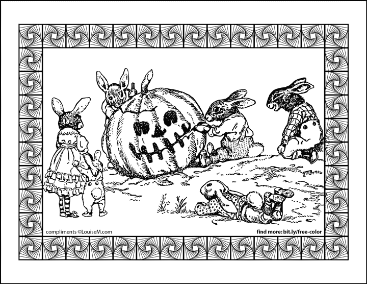 vintage art of rabbits carving jack-o-lantern halloween coloring page.