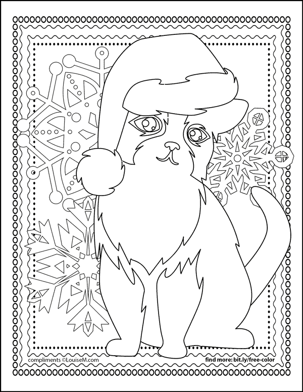 Christmas coloring page of a cat in a Santa hat with snowflakes and detailed border.