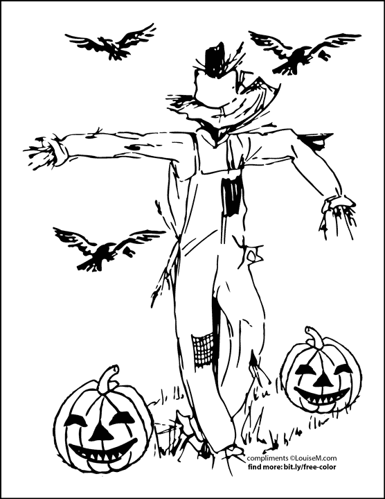 scarecrow with crows and pumpkins halloween coloring page.