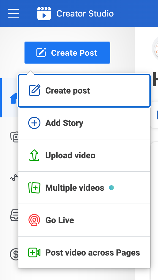 create post options in creator studio screenshot