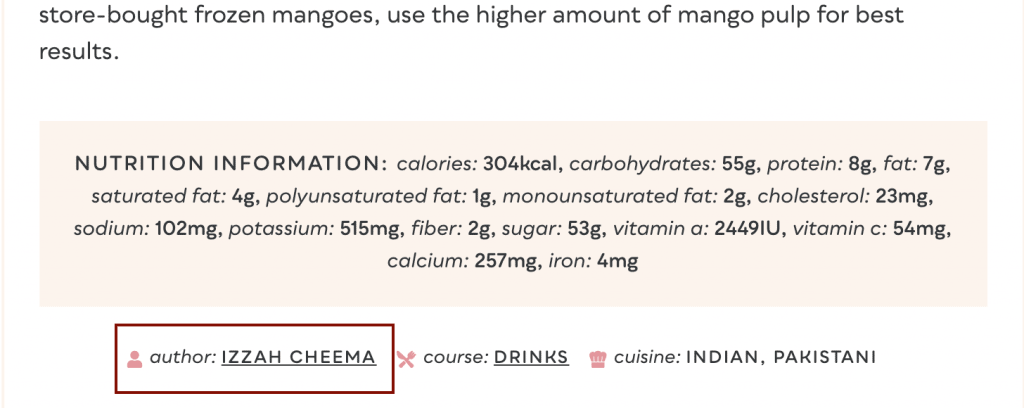Example of author name in recipe card plugin
