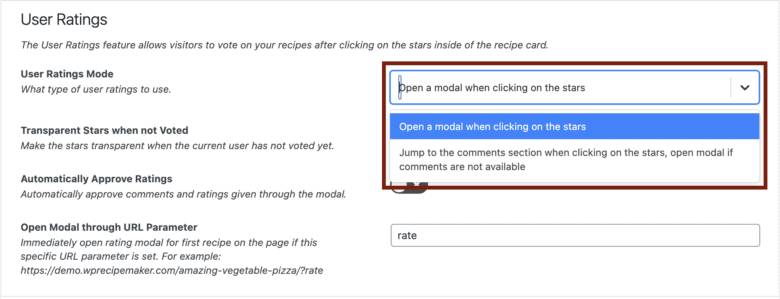 This image is a screenshot of the new user ratings configuration options in the WP Recipe Maker plugin.