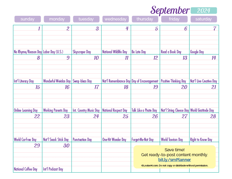 september 2024 calendar page with daily social media holiday marketing ideas.