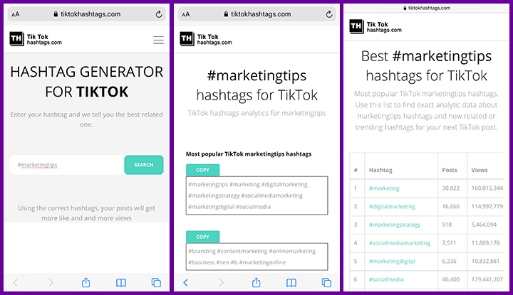 screenshots of tiktok hashtag generator tool