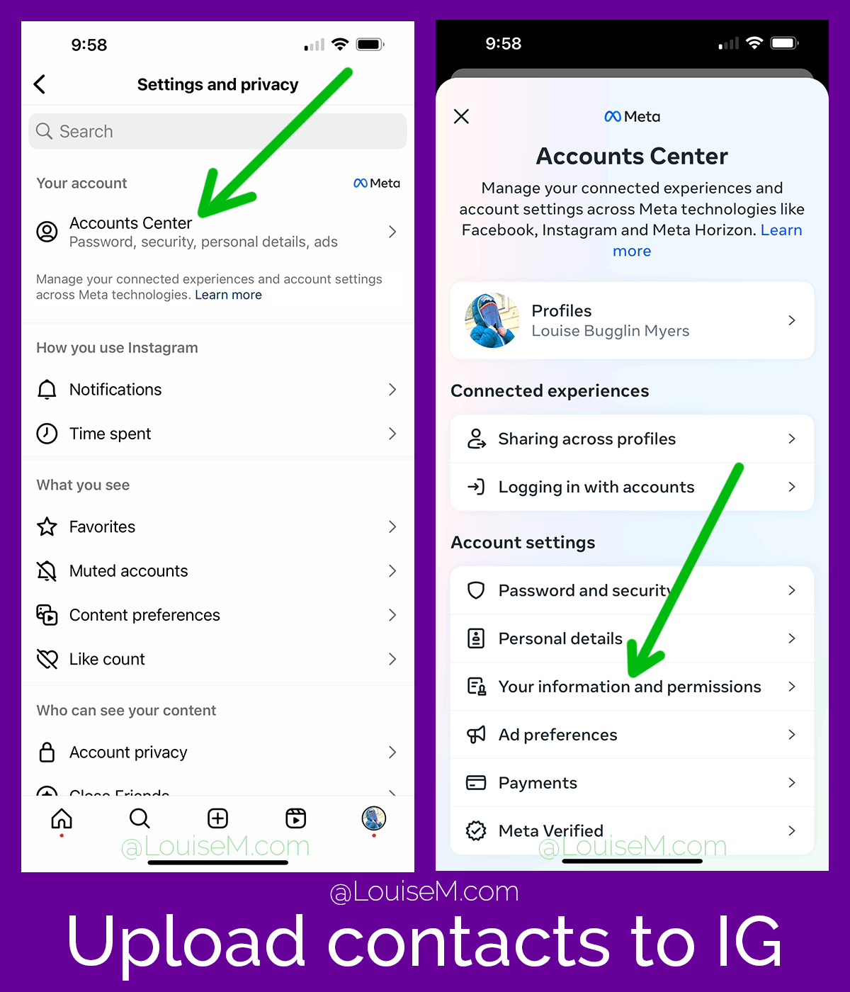 screenshots show how to upload contacts to IG.