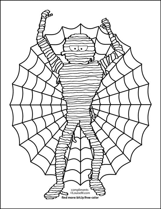 mummy and giant spider web halloween coloring page.