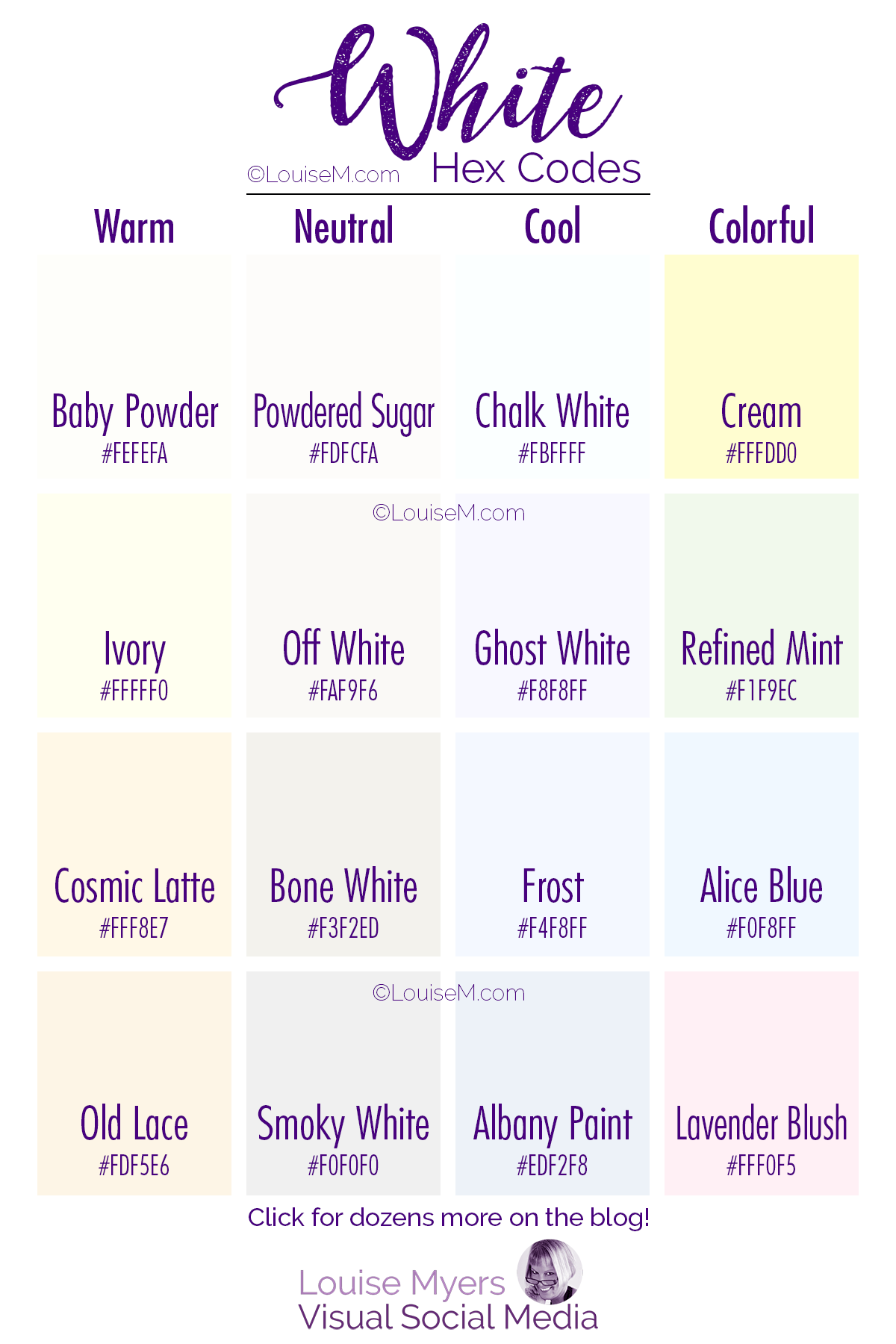 chart of 16 tints of White with Hex Codes.