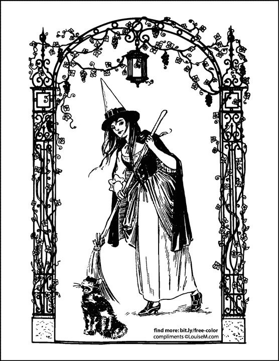 vintage witch and cat in decorative arch halloween coloring page.