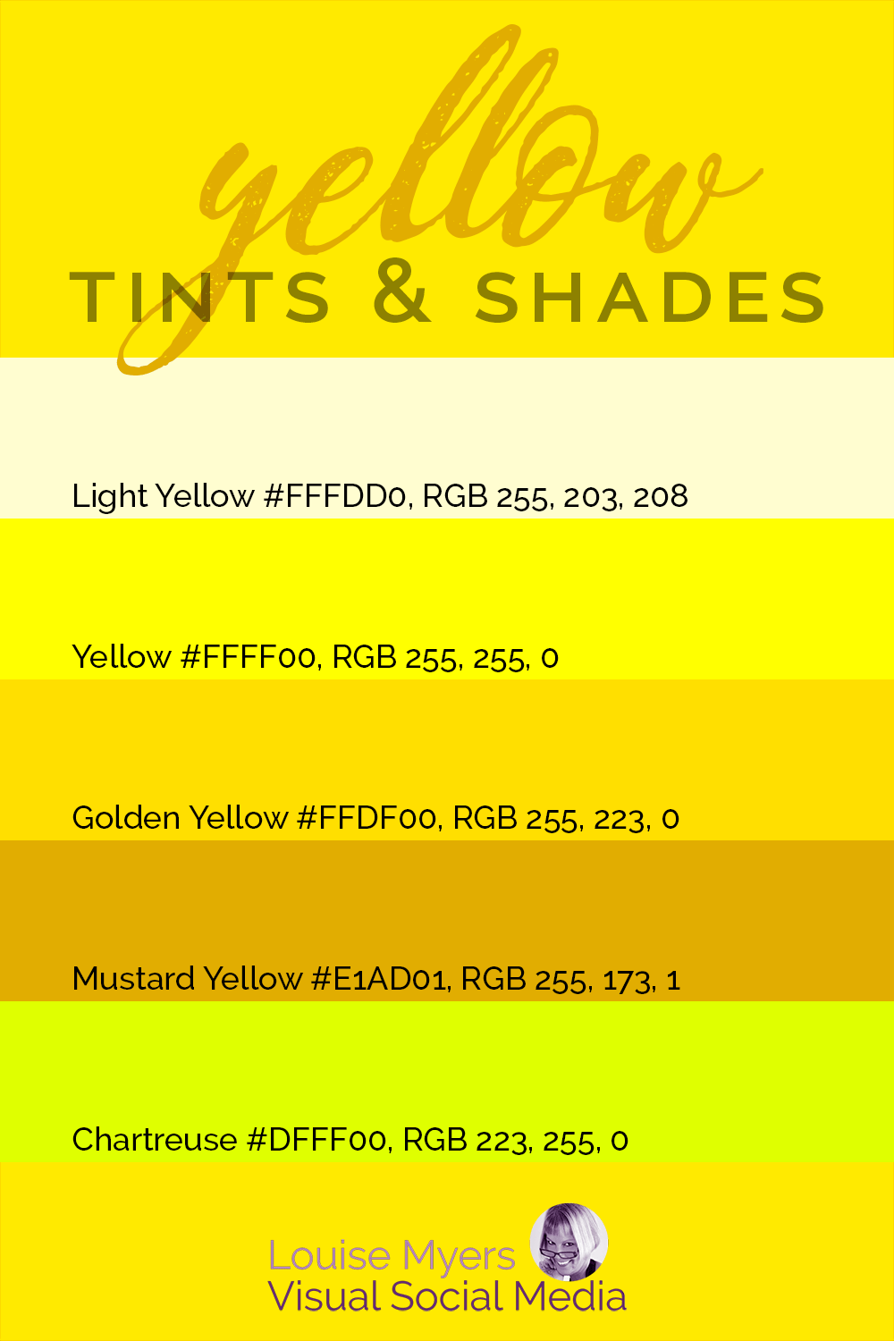 chart with bands of yellow tints and shades with hex codes and RGB values.